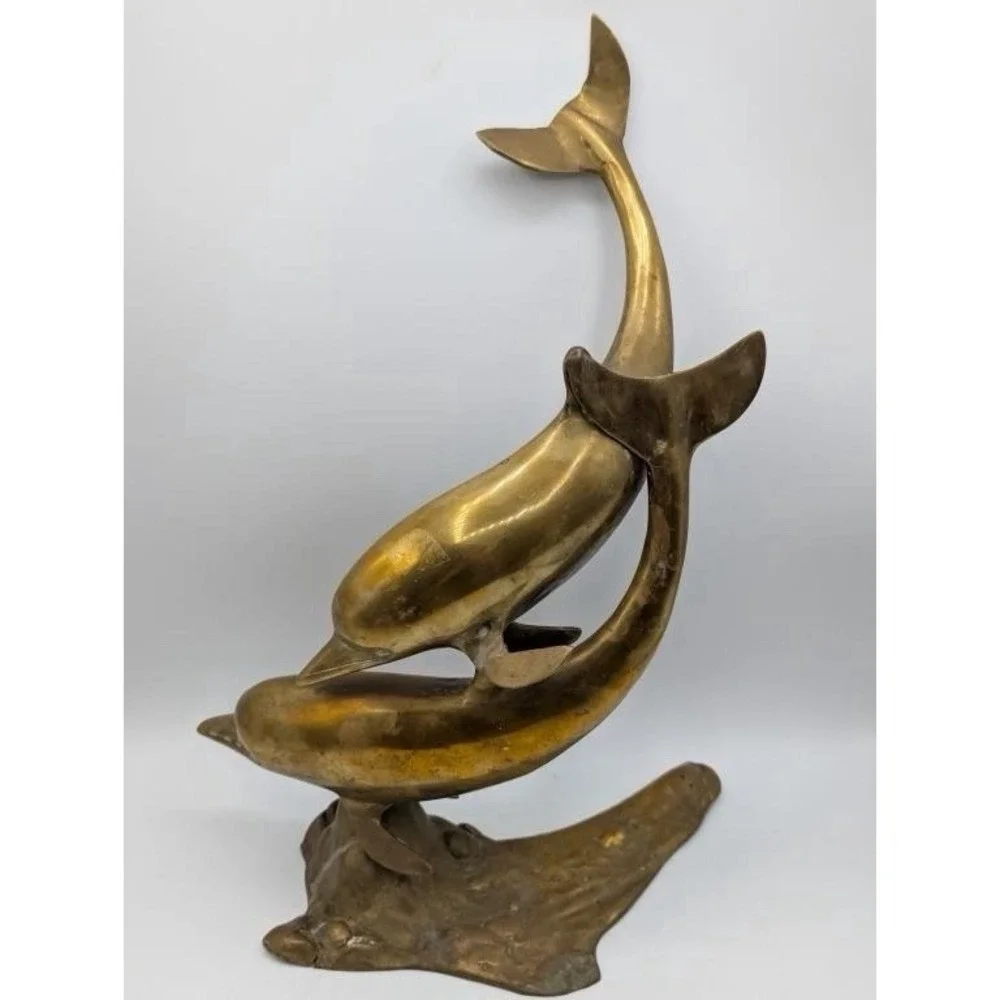 VTG 50s Large Brass Double Swimming Dolphins Sculpture MCM 15